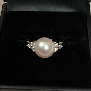14k WHITE GOLD 8.50mm CULTURED PEARL & DIAMOND RING Size 6.50